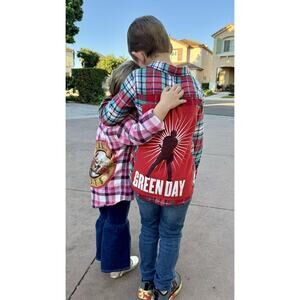GREEN DAY 90s Punk Rock Retro Vintage Upcycled Plaid Flannel Kids Shirt Sz 7/8 S